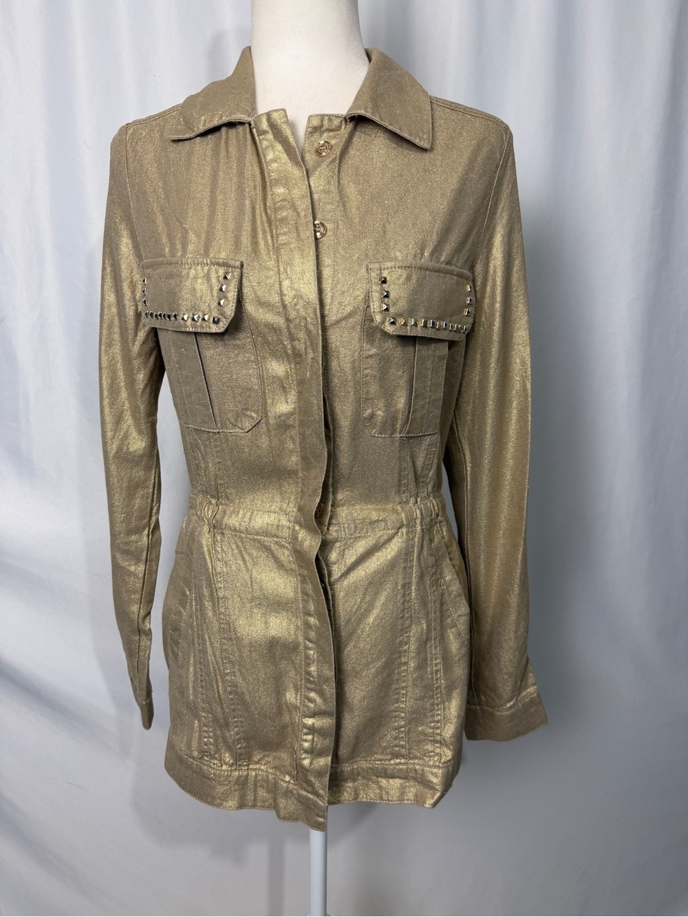 Boston Proper Gold Metallic Cargo Jacket Women’s Studded Utility Coat Sz XS
